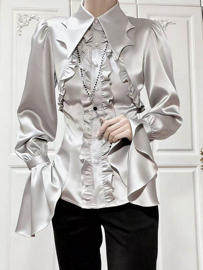 Details Satin Shirt Collar Ruffle with Gray Lolita Gothic Bat-Wing Light