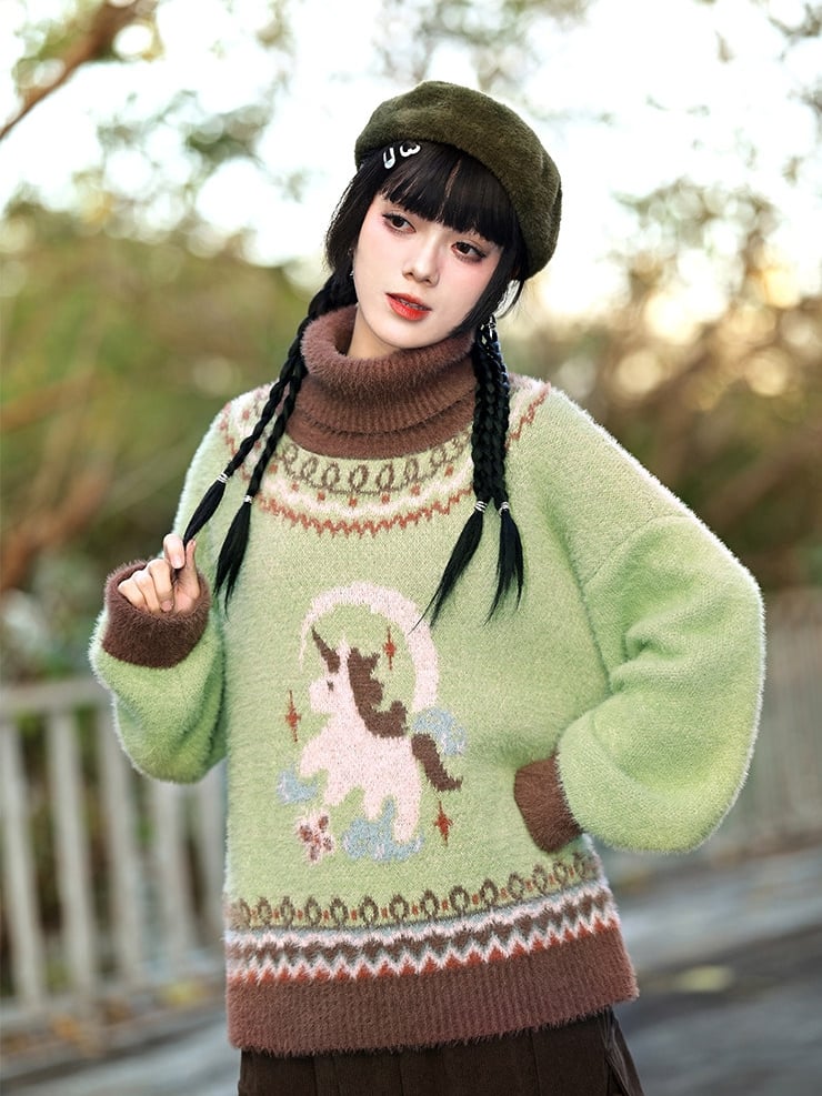 Green Jacquard Unicorn High-neck Sweater Isle Fair