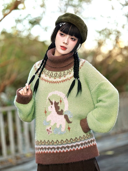 Green Jacquard Unicorn High-neck Sweater Isle Fair