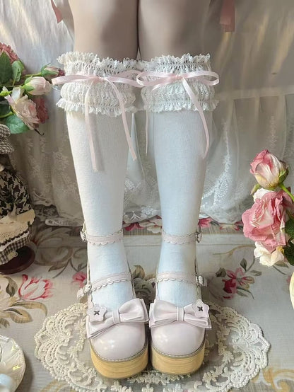 Lace-Trimmed 6 Options Sweet Color Bow Ribbon Stockings