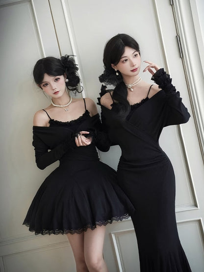 Dress Trims with V-Neck Lace Sleeves Knit Black Deep Short Long