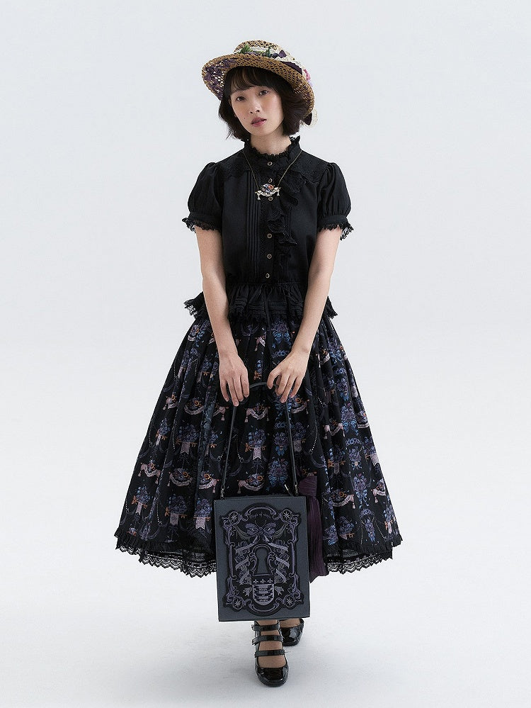 Black Purple Pansy Print Elegant Lolita Skirt