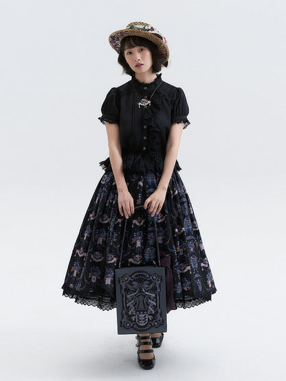 Black Purple Pansy Print Elegant Lolita Skirt