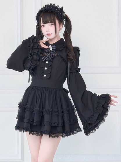 Jirai Lace Black Tiered Dress Gothic Detachable Bell with Sleeves Kei