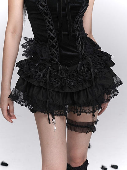 mit Spitzenrock Stufenrock Gothic Puff Mini Muster Kreuz Schwarz