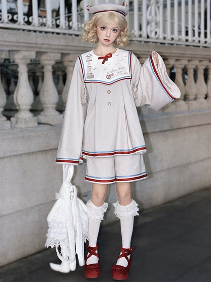 Beige Ouji Sailor Lolita Full Set-Beige Sailor Collor Top + Beige Ouji Shorts + Beige Beret Hat
