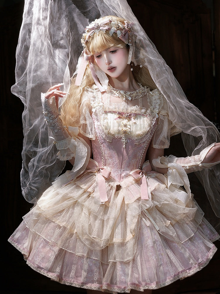 Lolita Balletcore Princess + Pink Floral Corset Top Print Boned Skirt Light