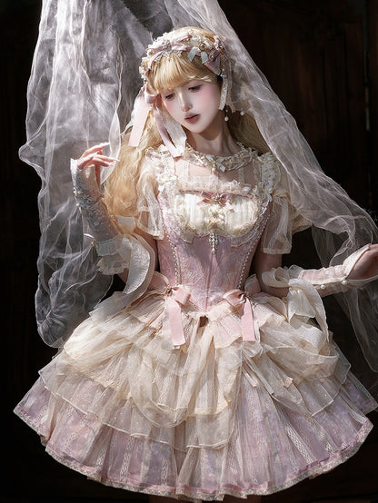 Lolita Balletcore Princess + Pink Floral Corset Top Print Boned Skirt Light