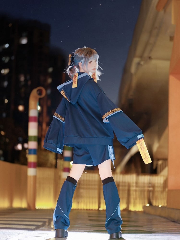 Zombie Techwear Little Set: Goth Navy Jacket Cheongsam Hooded