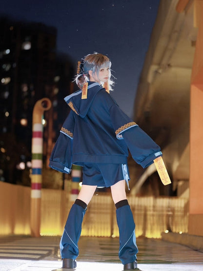 Zombie Techwear Little Set: Goth Navy Jacket Cheongsam Hooded