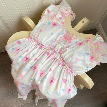 ホワイトのスイートハートと星柄のパジャマドレス