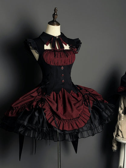 Hem Drawstring Lolita Halloween Gothic Boned and Black Pattern Waist Striped Red Dress