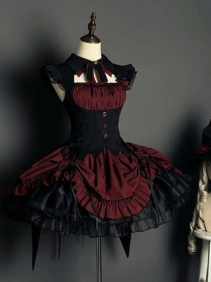 赤と黒のボーンウエストドローストリングストライプ柄裾ハロウィンゴシックロリータドレス