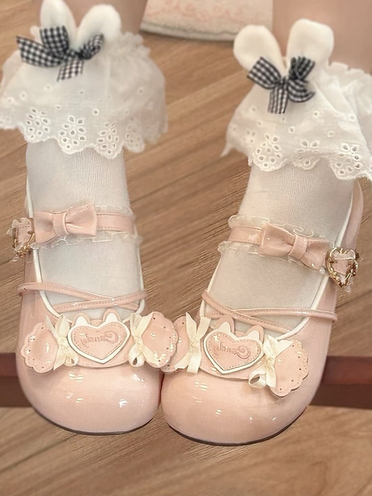 Lolita Toe Candy Janes Details with Heart Themed Low-heel Mary Sweet Round Pink