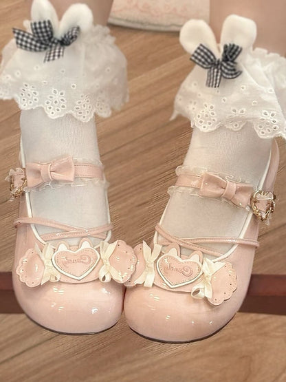 Lolita Toe Candy Janes Details with Heart Themed Low-heel Mary Sweet Round Pink