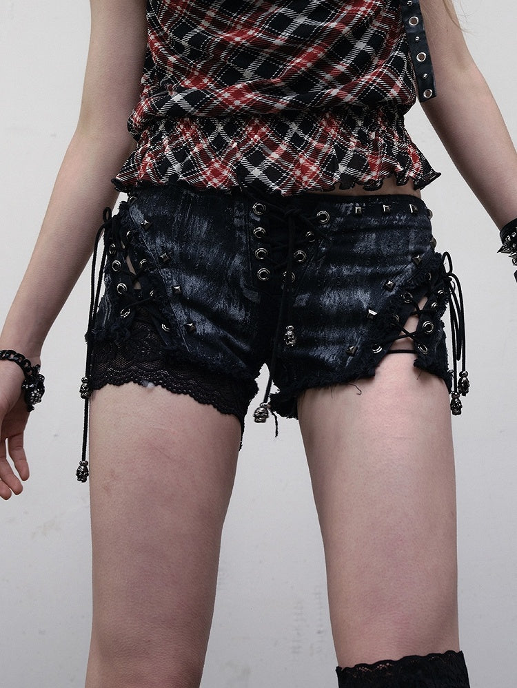 Studs Lace-up Shorts Punk Hem Raw Details Black/White Decorated Wasteland