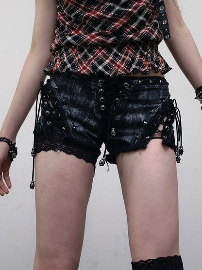 Studs Lace-up Shorts Punk Hem Raw Details Black/White Decorated Wasteland
