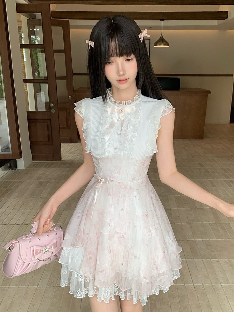 Pink & White Floral Seiso-kei Sleeveless Dress with Bow and Lace - LA LA JK