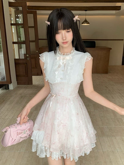 Pink & White Floral Seiso-kei Sleeveless Dress with Bow and Lace - LA LA JK