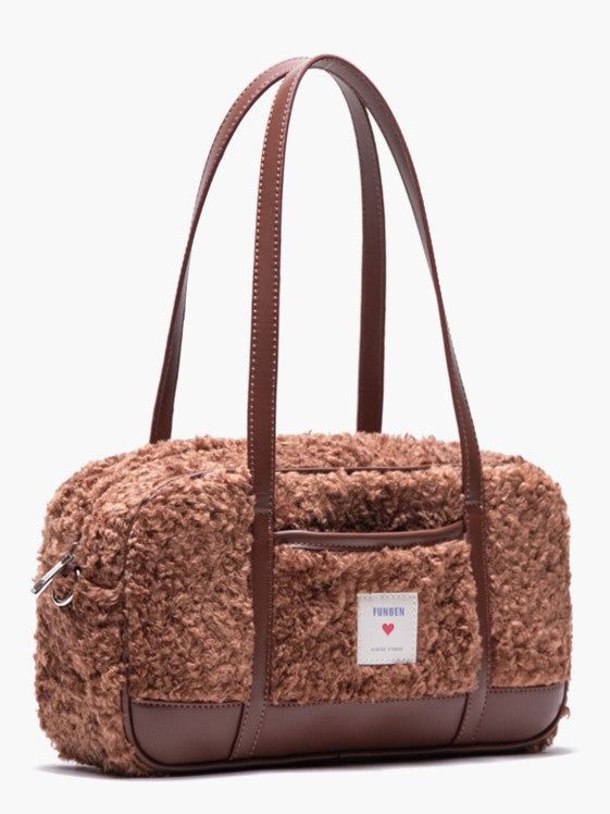 Baguette Faux with Fur Brown Heart Tag Teddy Bag