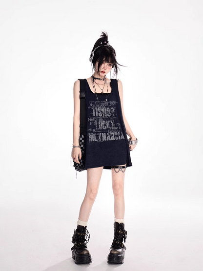 ブラック スクープネックライン レタープリント オーバーサイズ タンクトップ