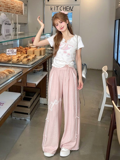 Sweet Regular/Short Pink High Version Waist Wide-Leg Pants Bowknot Embroidery