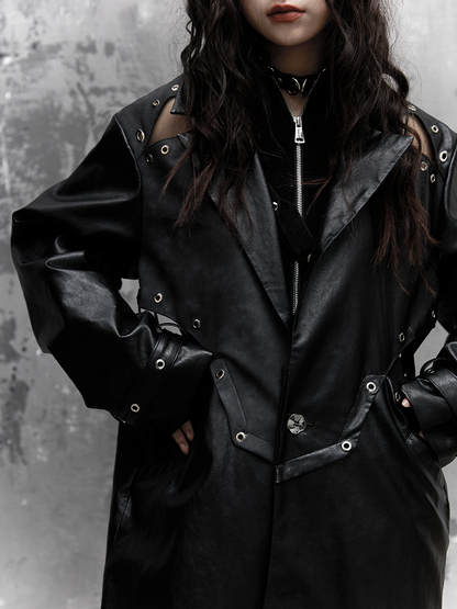 Punk Coat - Design Cuffs Long Buckle Patchwork PU Cutout