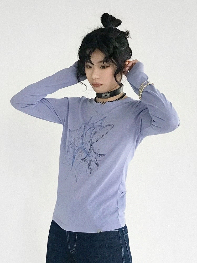Sleeve Print Neck Top Graffiti Version with Long Design Round Y2K Purple