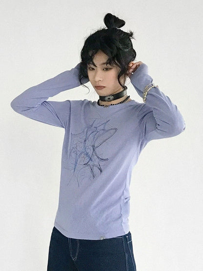 Sleeve Print Neck Top Graffiti Version with Long Design Round Y2K Purple