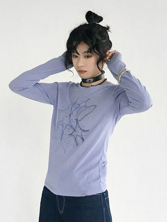 Sleeve Print Neck Top Graffiti Version with Long Design Round Y2K Purple