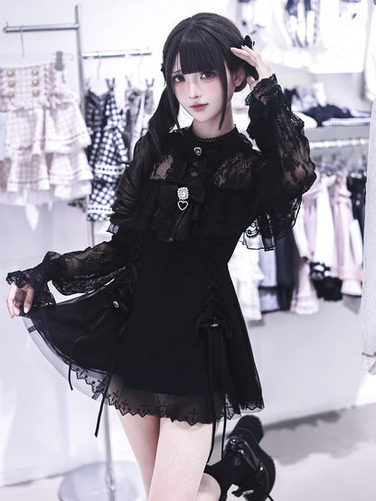 Jirai Kei Black Lace Long-Sleeve Dress with Shorts & Bow Tie Three-Piece Set - Ekomi