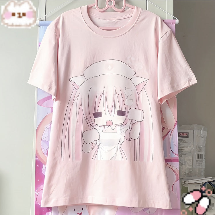 Ear Pink with Cat Pattern Neck Nurse Cotton Crew T-shirt