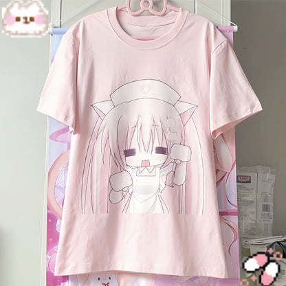 Ear Pink with Cat Pattern Neck Nurse Cotton Crew T-shirt