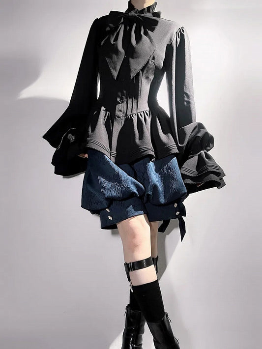 Black Ruffle-Neck Bishop-Sleeve Ouji Poet Shirt - Princess Chronicles