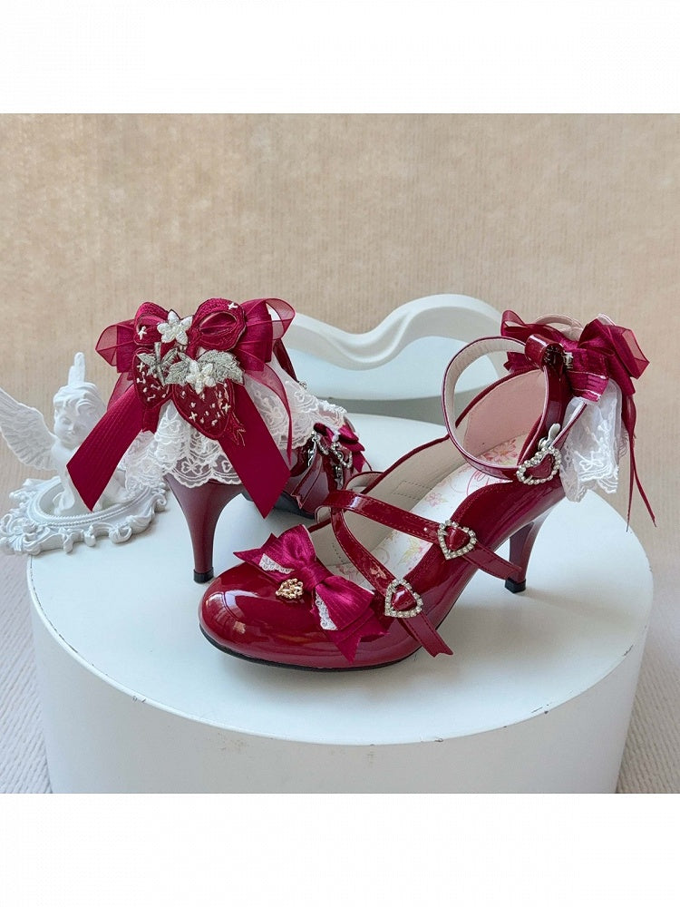 Wine Red Strawberry Embroidered 9cm Heels with Bow - Cheese Mango
