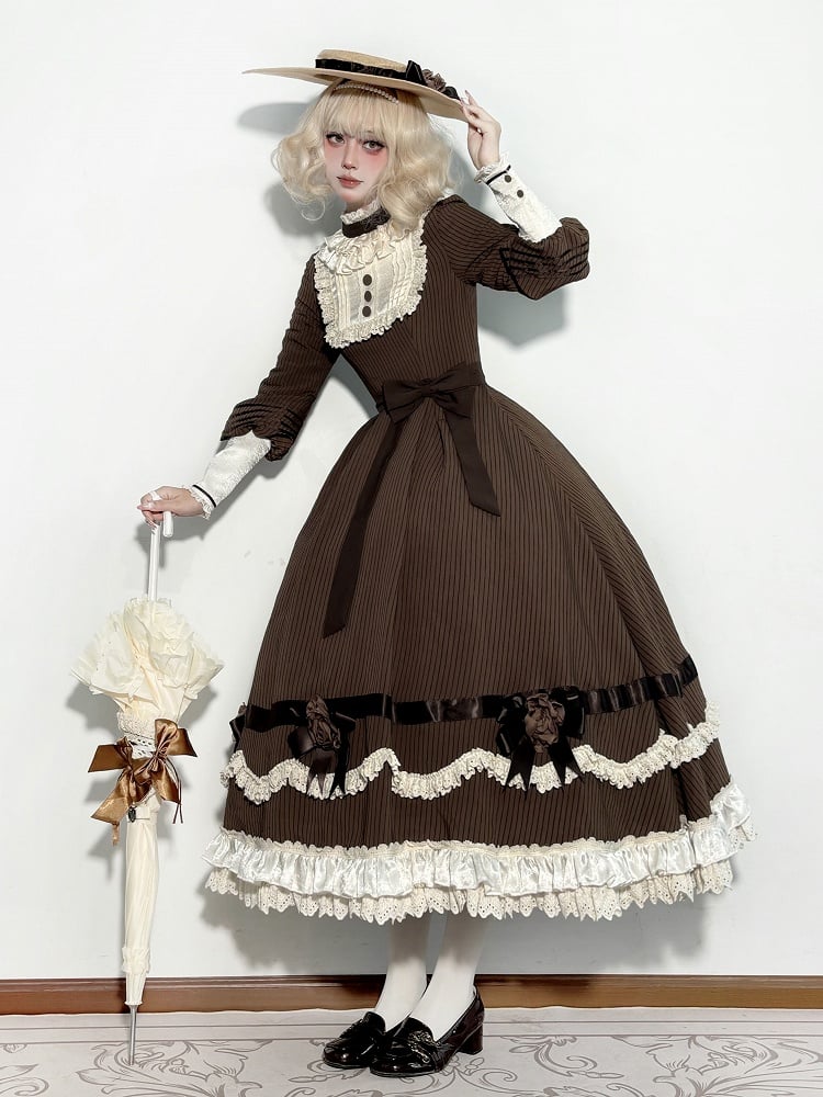 Brown Ruffle Neckline Lolita Dress with Waist Belt - MUYU