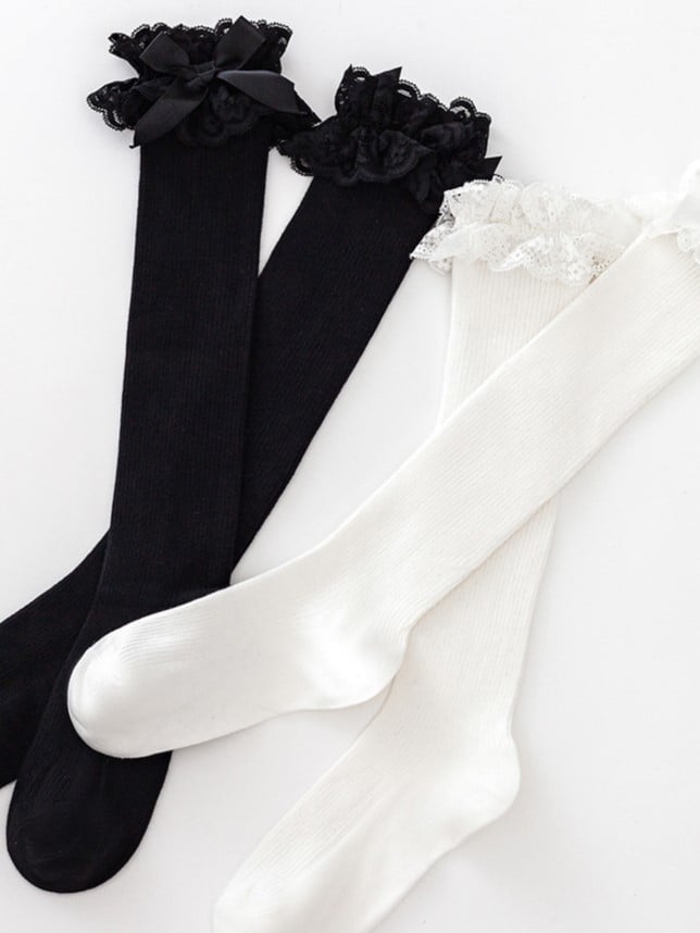 Calf Lolita Lace Details Cuff Black/White Socks Bowknot