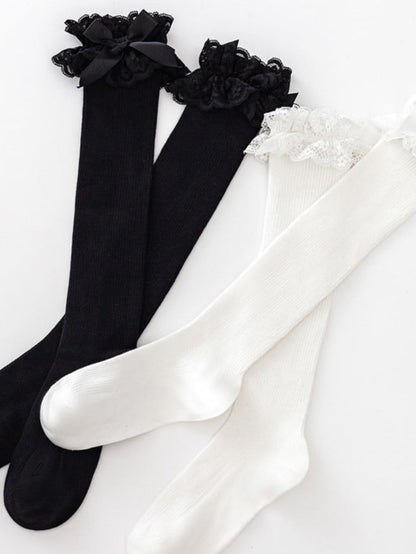 Calf Lolita Lace Details Cuff Black/White Socks Bowknot
