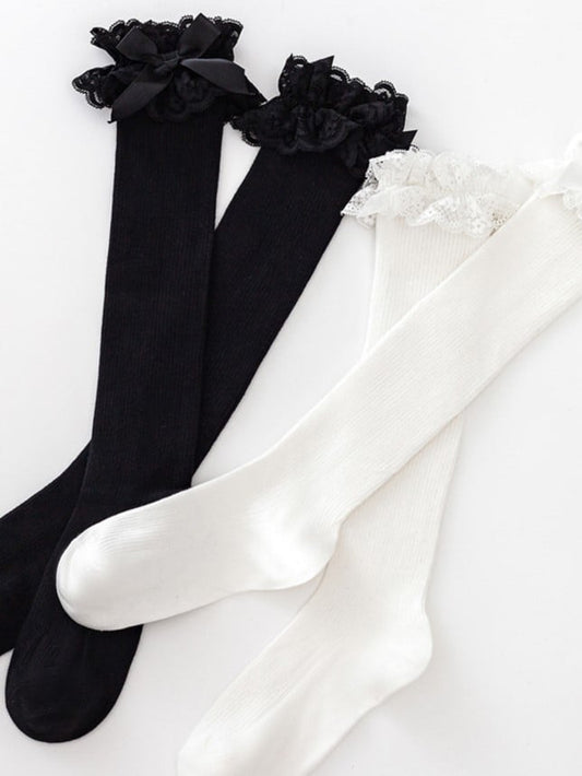 Calf Lolita Lace Details Cuff Black/White Socks Bowknot