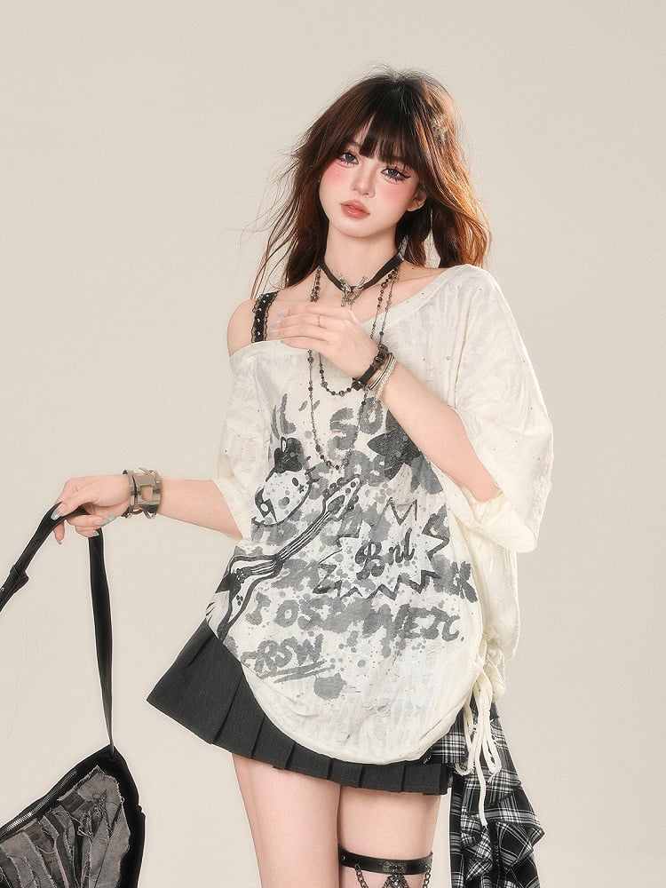 Lace Top Drawstring Graffiti Waist Apricot Print Asymmetrical Neckline