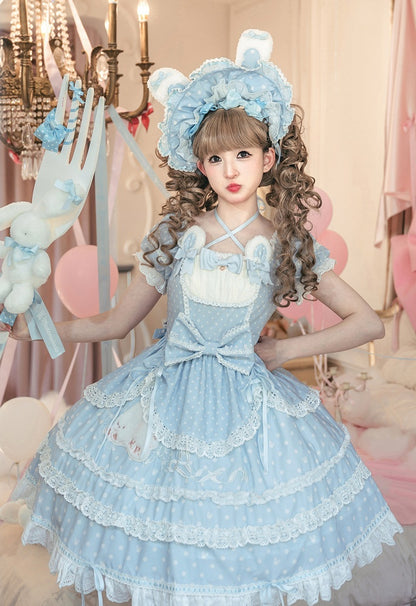 Süßes Lolita-Kleid mit Häschen-Quadrat-Punktmuster und Ohren, blauer Plüsch-Ausschnitt
