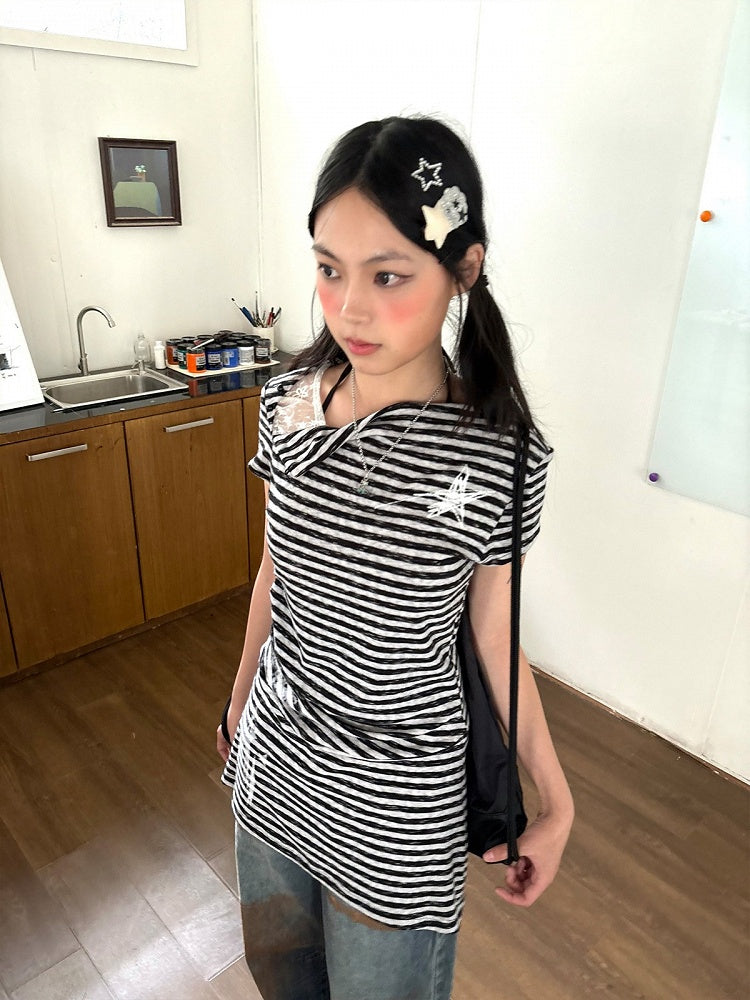 Dress Asymmetrical Collar Sleeve Detail Patchwork and Striped Short with Star