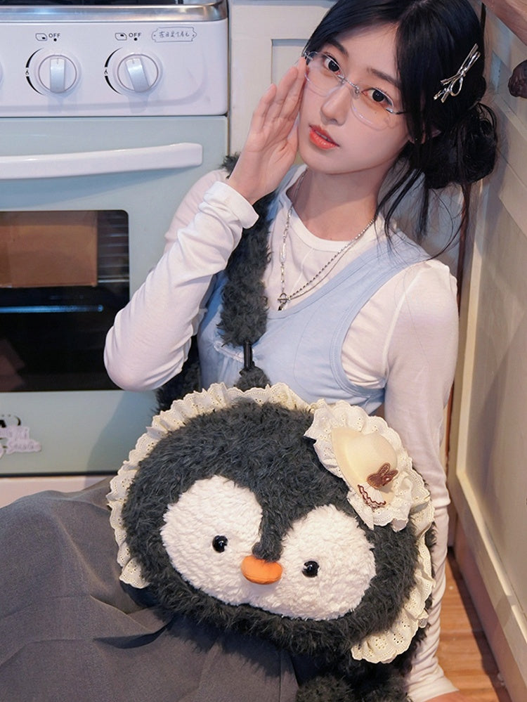 Backpack Gray Plush Penguin-shaped Trim Lace