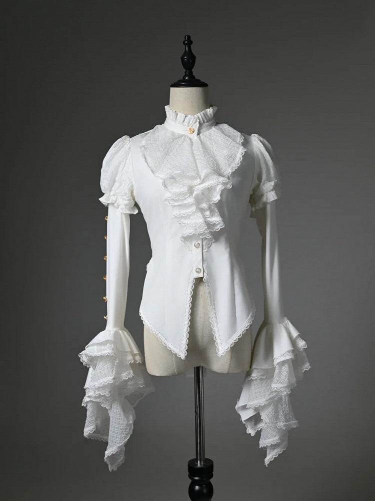 White Ruffled High Neck Long Sleeve Shirt