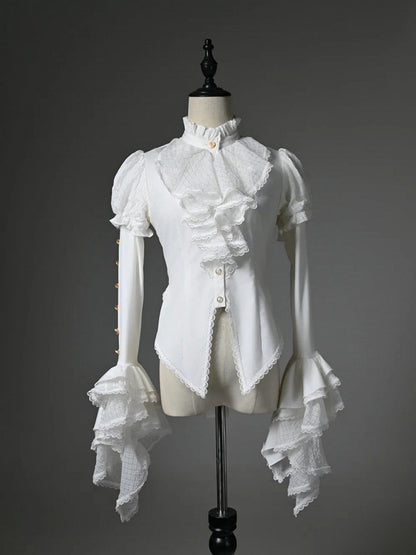 White Ruffled High Neck Long Sleeve Shirt