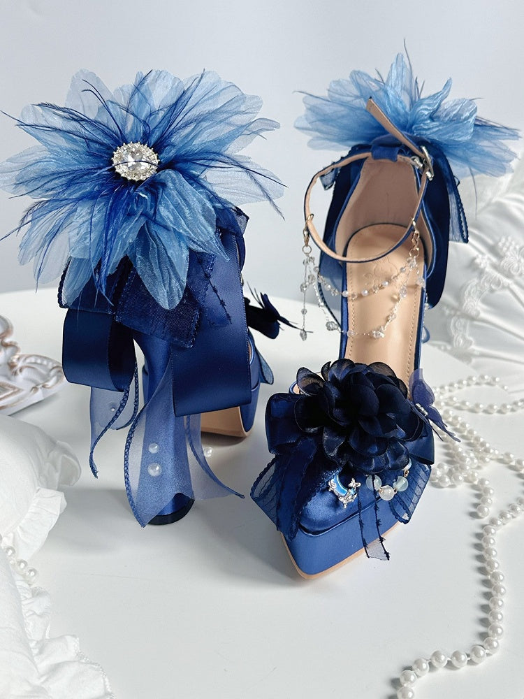 Dark Blue Pointed-Toe Platform Heels with Flower Embellishments - A Sky Rabbit