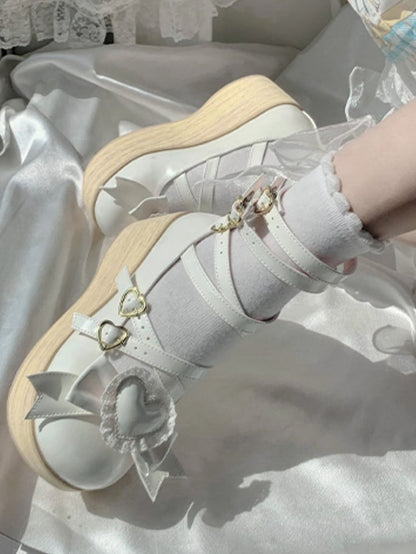 Detachable White Bow 6.5cm Heart Janes Wood Design Mary Sole with Platform Crisscross Grain -