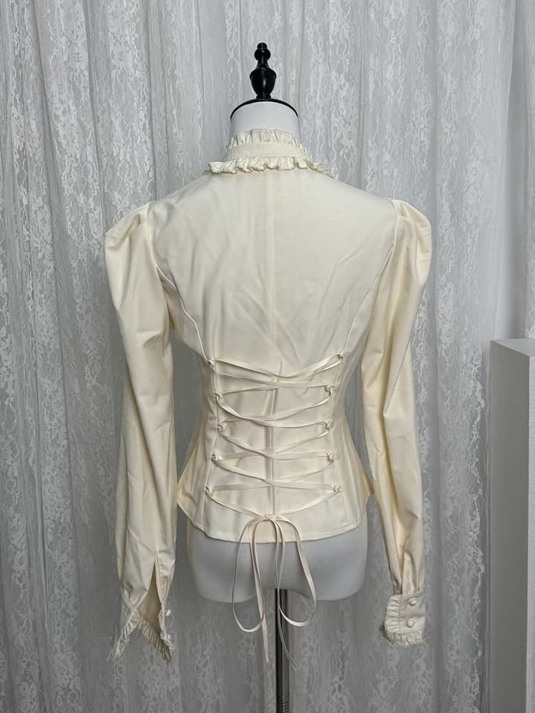 Lolita Apricot Sleeves Ruffle Back Long Lacing Blouse with Neckline