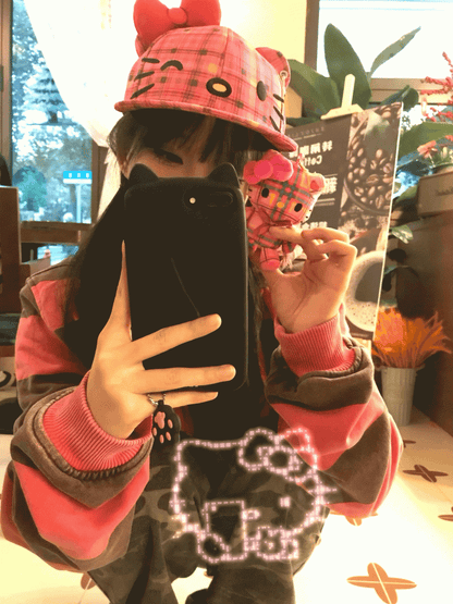 Pink Plaid Kitty Adjustable Baseball Cap with Detachable Bow