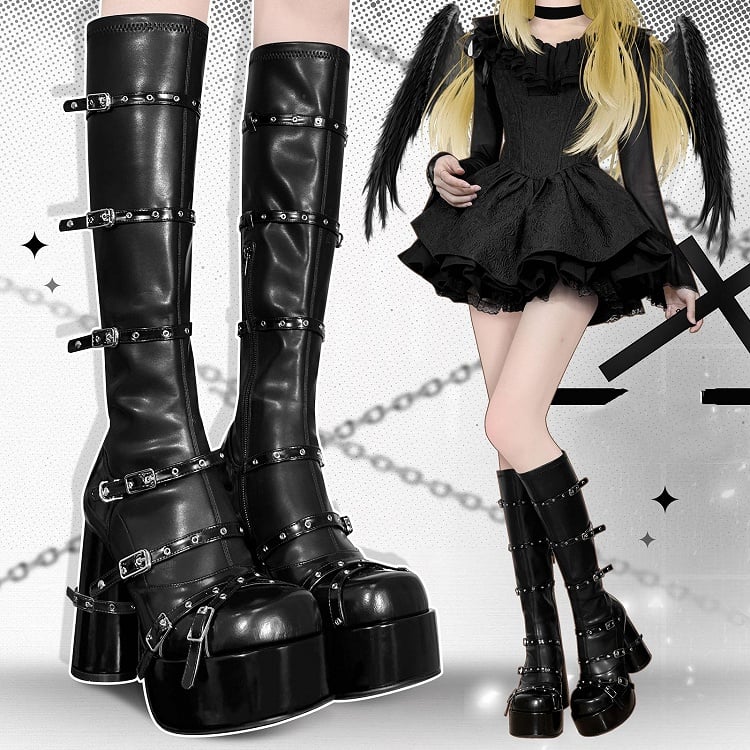 Boots Punk Buckle Zip Black Block Straps Under Inner Platform Version Heel Knee - Closure Regular High